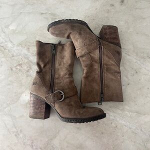 Born Brown Heeled Boots with Chunky Heel and Decorative Buckle